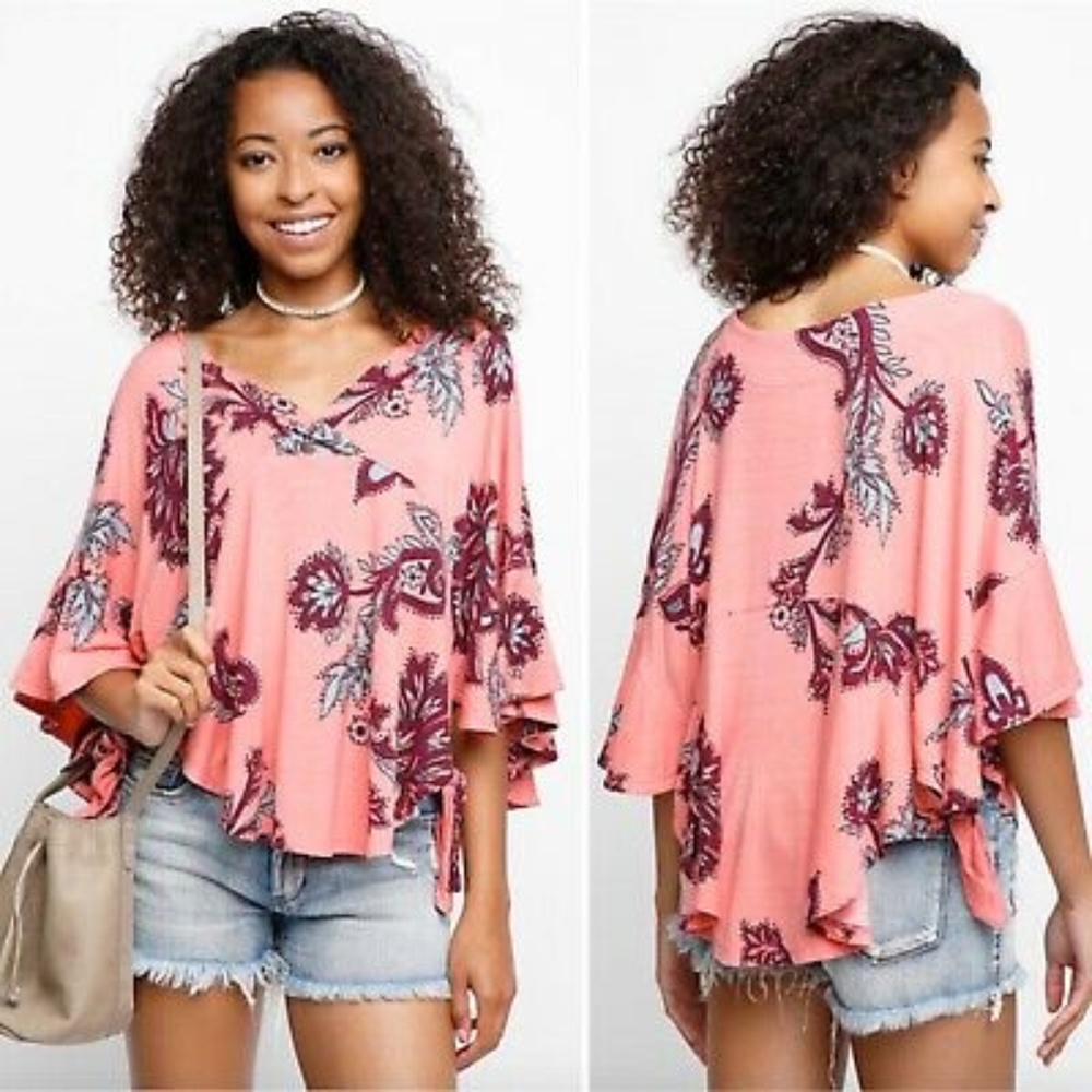 Free People Maui Wowie Coral Printed Kaftan Top XS